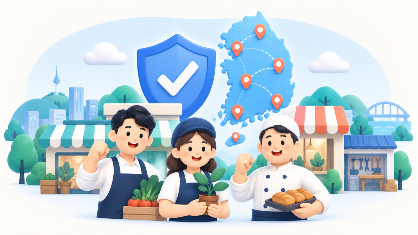 전국 지역의 소상공인과 특례보증 지원을 나타낸 지도 일러스트