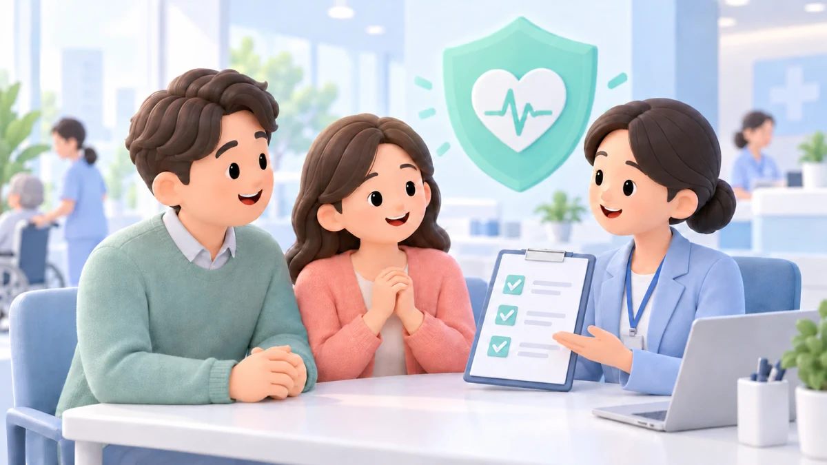 환자 가족이 재난적의료비 지원 서류를 상담받는 3D 일러스트