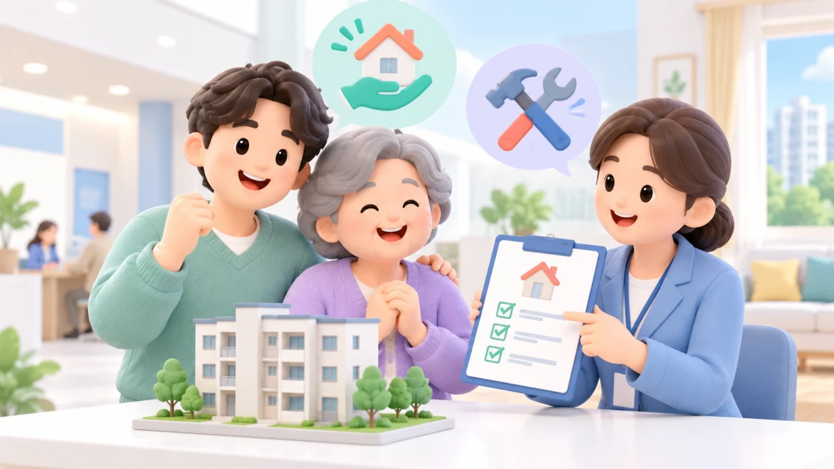 주거급여 상담사가 임차료와 집수리 지원을 안내하는 3D 일러스트