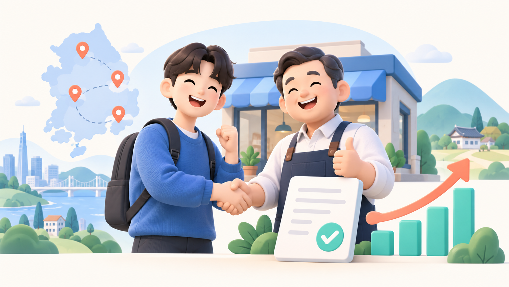 청년 근로자와 소상공인이 채용과 지역 일자리 성장을 함께 나타내는 일러스트