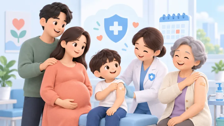 어린이와 임신부, 어르신이 인플루엔자 예방접종을 준비하는 3D 일러스트