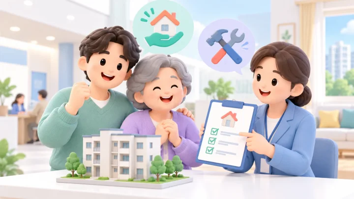 주거급여 상담사가 임차료와 집수리 지원을 안내하는 3D 일러스트