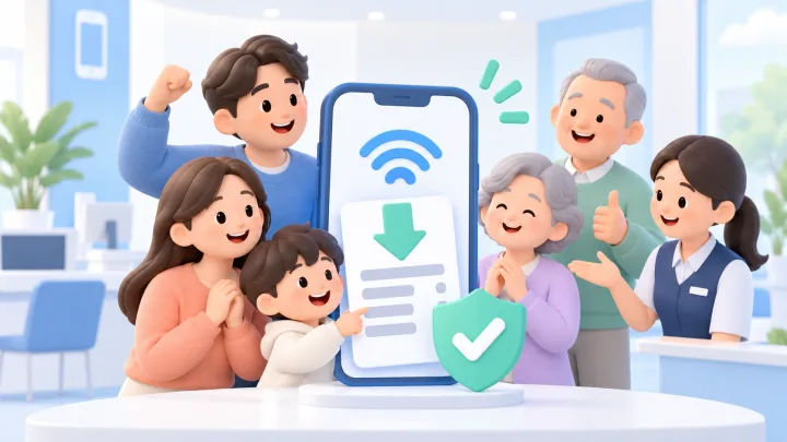 여러 세대의 이용자가 휴대전화 요금 감면 혜택을 확인하는 3D 일러스트